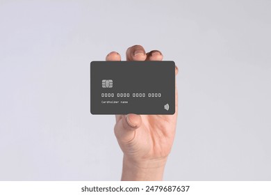 Hand showing credit card, or card, or business card or voucher, isolated on white background, template, mock-up