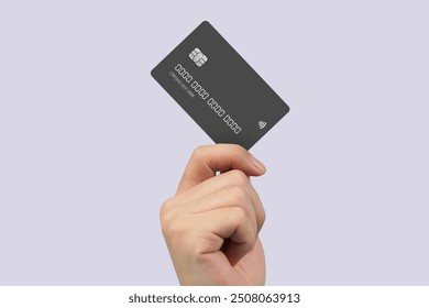 Hand showing credit card, or card, or business card or voucher, isolated on white background, template, mock-up