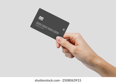 Hand showing credit card, or card, or business card or voucher, isolated on white background, template, mock-up - Powered by Shutterstock