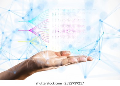 Hand showing a digital data flow with binary codes and a network link structure. Abstract tech concept on a clean white background