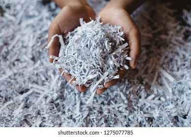 Hand Showing Heap Of Shredded Paper. Concept Of Recycle And Office Work Of Confidential