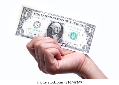 Hand Showing One Dollar Note Isolated On White Background.