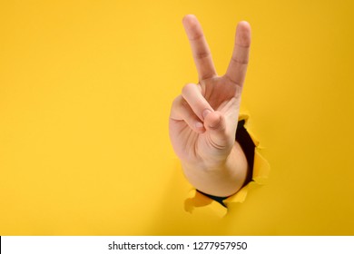 Hand showing peace gesture through torn yellow paper background. Victory, V sign.