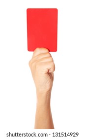 Hand Showing A Red Card Isolated On A White Background