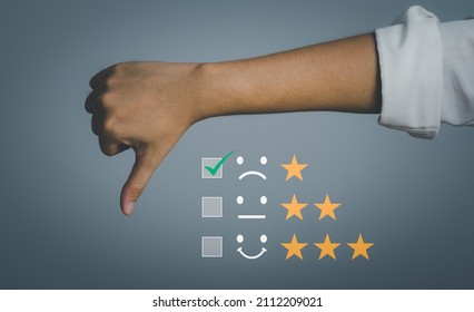 Hand Showing A Sign Of A Low Mark. Thumb Down With Graphic One Star, Bad Service, Dislike, Bad Quality, Bad Review. Customer Experience Dissatisfied Unhappy Businessman Client With Sadness Emotion.