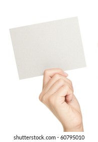 Hand Showing Sign. Woman Hand Showing Blank Gift Card Sign With Empty Copy Space. Isolated On White Background.