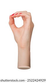 Hand showing the sign for zero, with thumb and forefinger forming an O letter. Isolated on white background.