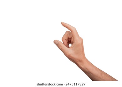 Hand showing a small measurement using thumb and index finger, isolated on white background. Gesture indicating size or measure, ideal for interaction and communication concepts.