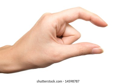 The Hand Showing The Small Size. Isolation On A White Background