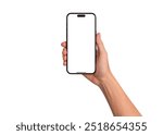 Hand showing smartphone with blank screen isolated on white background. Concept for business finance, Technology concept, Product advertising concept and Marketing concept. High quality image for you.