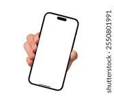 Hand showing smartphone with blank screen isolated on white background. Business, Finance, Education and Technology concept. High quality image.