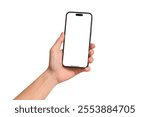 Hand showing smartphone with blank screen isolated on white background. Business, Finance, Education and Technology concept. High quality image.