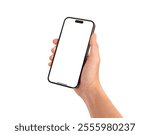 Hand showing smartphone with blank screen isolated on white background. Business, Finance and Technology concept. Premium high quality image.