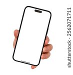 Hand showing smartphone with blank screen isolated on white background. Business, Finance and Technology concept. Premium high quality image.
