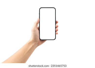 Hand showing smartphone with blank screen isolated on white background. - Powered by Shutterstock