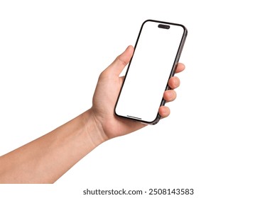 Hand showing smartphone with blank screen isolated on white background. Concepts for business finance, Concept technology, Concept product advertising and Concept marketing. Image high quality for you