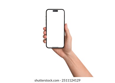 Hand showing smartphone with blank screen isolated on white background. Concepts for business finance, Concept technology, Concept product advertising and Concept marketing. Image high quality for you