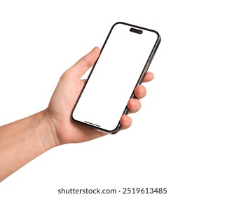 Hand showing smartphone with blank screen isolated on white background. Concept for business finance, Technology concept, Product advertising concept and Marketing concept. High quality image for you.