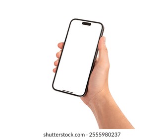 Hand showing smartphone with blank screen isolated on white background. Business, Finance and Technology concept. Premium high quality image.