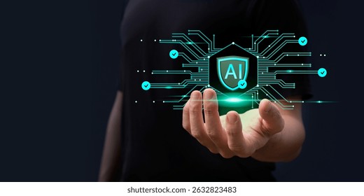 A hand showing technology with AI ethic, cyber security, AI safety, generative ai, artificial intelligence, digital transformation, finance, document file management, large language model, LLM