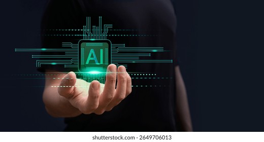 A hand showing technology with ai safety, artificial intelligence, generative ai, cyber security, digital transformation, finance, document file management, large language model, LLM