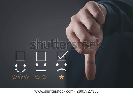 hand showing thumbs down with customer satisfaction rating icons, negative review feedback, poor service evaluation, low score experience, quality control and user dissatisfaction in business