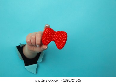 Hand showing a thyroid out of a hole torn in blue paper wall. Health care, pharmaceutics and medicine advertisement