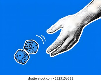 A hand is shown in the process of throwing dice on a vibrant blue background