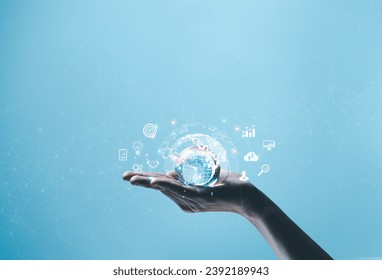 hand shows the globe. concept of global internet connection big data digital link technology, and business digital marketing. internet banking, Financial, business tech international market