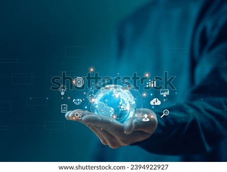 hand shows the globe. concept of global internet connection big data digital link technology, and business digital marketing. internet banking, Financial, business tech international market
