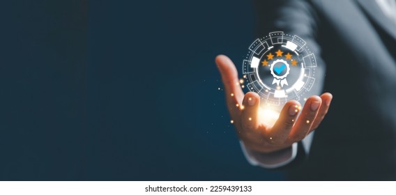 Hand shows sign of top service Quality assurance 5 star, Guarantee, Standards, good service, premium, five stars, excellence service, high quality, business excellence. Quality Assurance Concept. - Shutterstock ID 2259439133