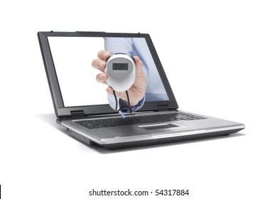 a hand shows a stopwatch out of a laptop