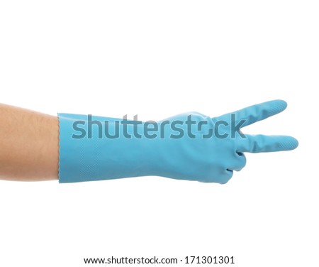 Hand shows two in rubber glove. Isolated on a white background.