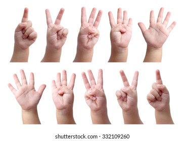 Hand Sign Set - Finger Counting Of Kid Toddler Baby Left And Right Hand For Mathematics Education - Math Study - Number One Two Three Four Five Six Seven Nine Ten - Isolated On White