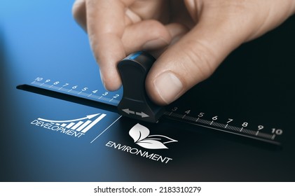 Hand Sliding A Controler To Create Equilibrium Between Environmental Protection And Economic Development. Composite Image Between A 3d Illustration And A Photography.