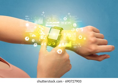 Hand With Smartwatch And Health Medical Tracker Concept. 