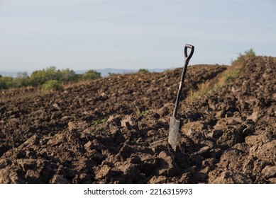 A Hand Spade Stands In A Freshly Plowed Field