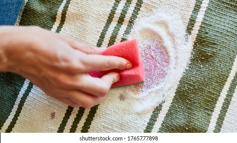 Hand with a sponge and salt while removing red wine stains on carpet