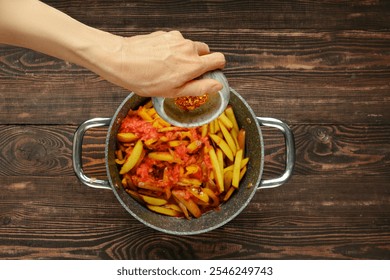 A hand sprinkles chili pepper flakes over a pan filled with fresh tomatoes and potatoes in a warm kitchen. The wooden countertop adds a rustic touch, enhancing the inviting atmosphere of home cooking. - Powered by Shutterstock