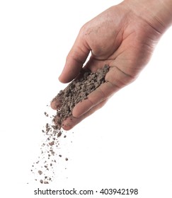 Hand Sprinkling Soil On White Background