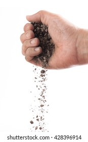 Hand Sprinkling Soil On White Background