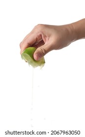 Hand Squeeze Green Lime Isolated On White Background