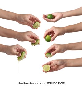 Hand Squeeze Green Lime Isolated On White Background