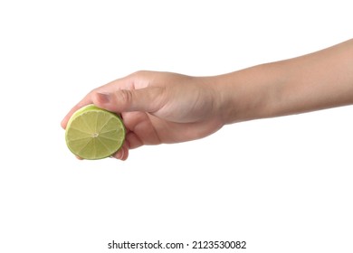 Hand Squeeze Green Lime Isolated On White Background