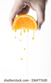 Hand Squeeze Orange Slice With Orange Water Droplets