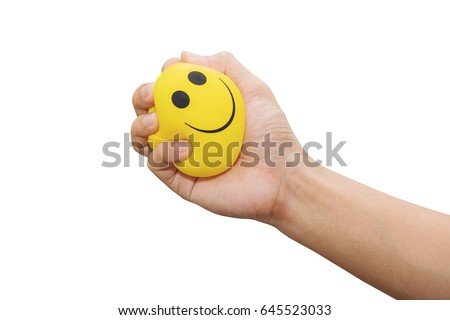 Hand squeeze yellow stress ball, isolated on white background, anger management, positive thinking concepts