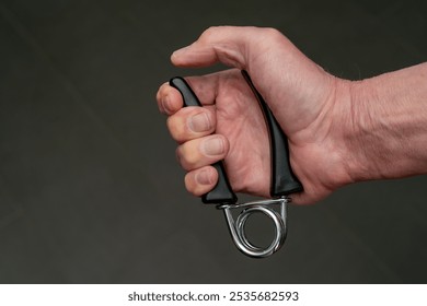 Hand is squeezing a hand gripper for training the hand and arm muscles. - Powered by Shutterstock