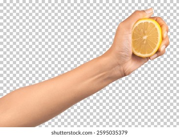 hand squeezing half lemon isolated on white background with clipping path.