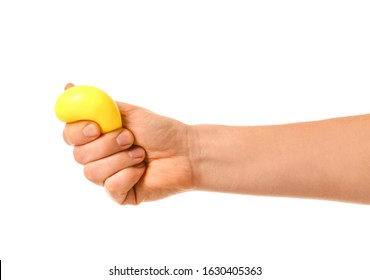 Hand Squeezing Stress Ball On White Background