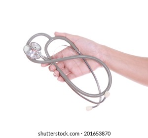 Hand With Stethoscope Isolated On White Background